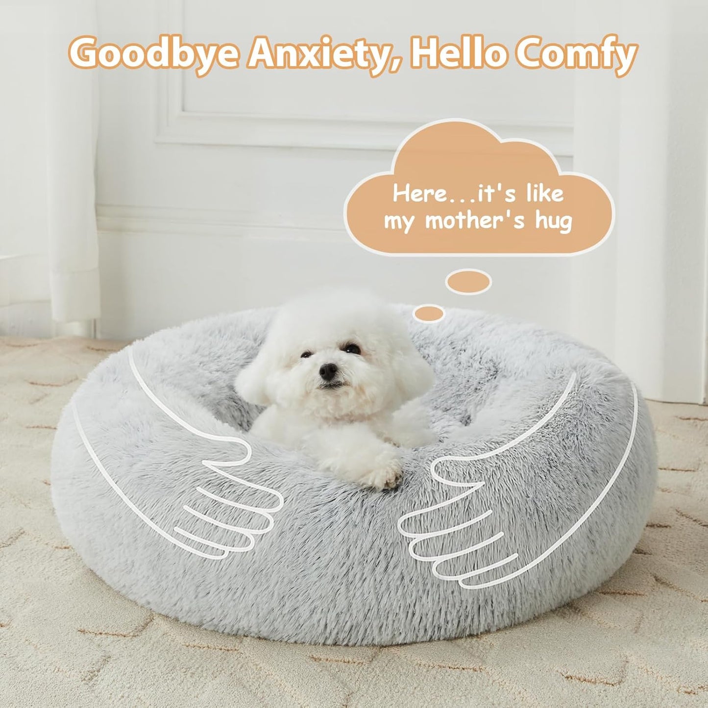round Calming Small Dog Bed Cat Bed for Comfy Sleeping, Cute Washable Puppy Bed with Fluffy Plush, Faux Fur anti Anxiety Pet Bed Donut Cuddler (24 X 24 X 8 Inch, Light Grey)