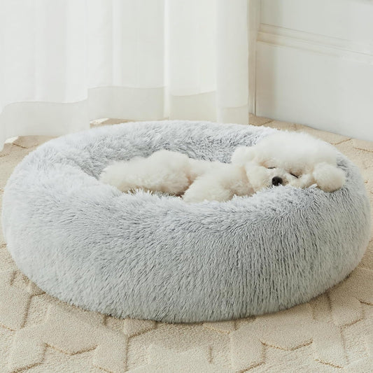 round Calming Small Dog Bed Cat Bed for Comfy Sleeping, Cute Washable Puppy Bed with Fluffy Plush, Faux Fur anti Anxiety Pet Bed Donut Cuddler (24 X 24 X 8 Inch, Light Grey)