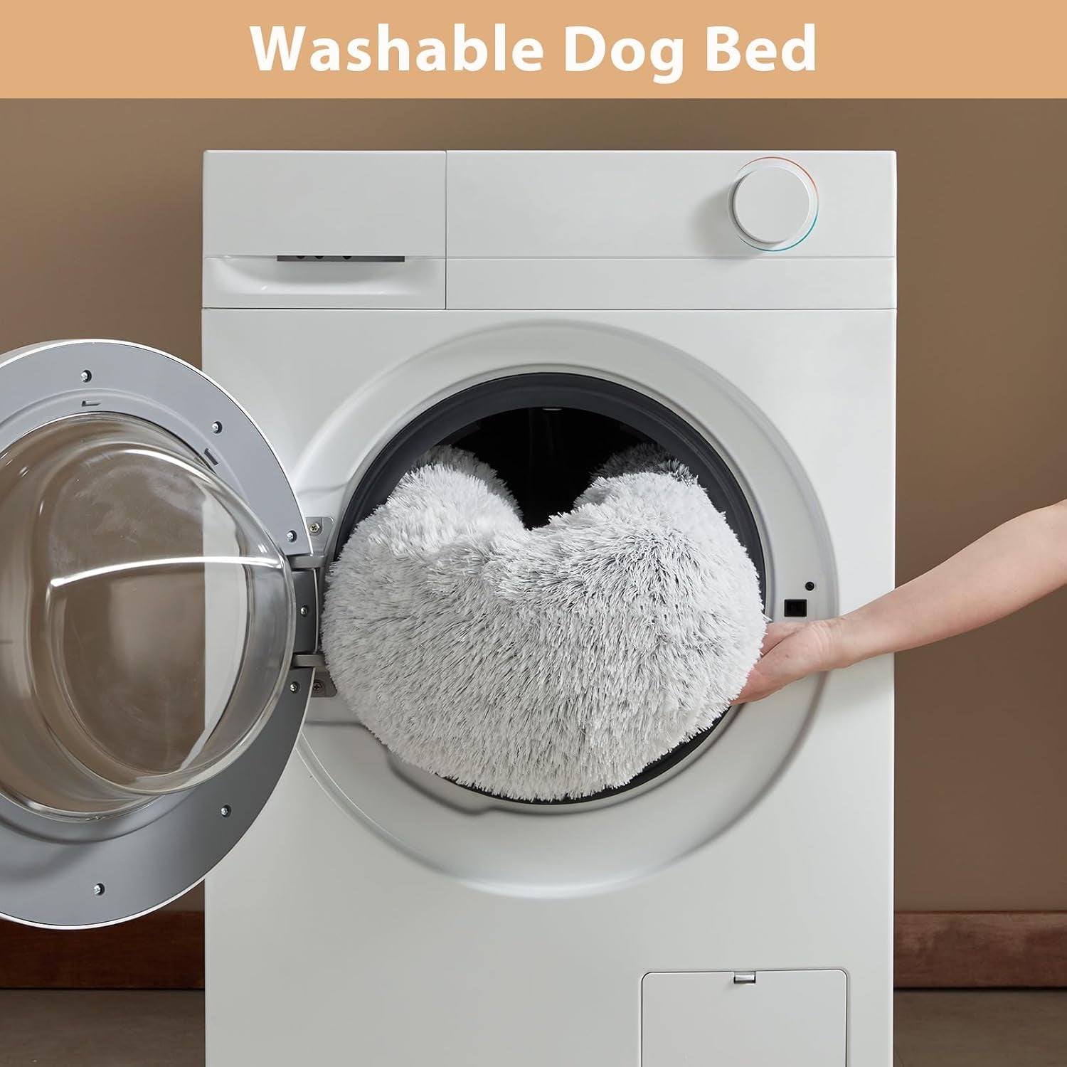 round Calming Small Dog Bed Cat Bed for Comfy Sleeping, Cute Washable Puppy Bed with Fluffy Plush, Faux Fur anti Anxiety Pet Bed Donut Cuddler (24 X 24 X 8 Inch, Light Grey)