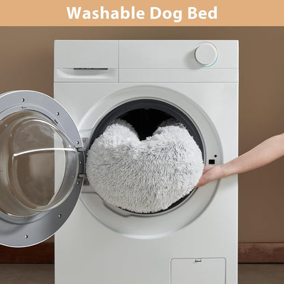 round Calming Small Dog Bed Cat Bed for Comfy Sleeping, Cute Washable Puppy Bed with Fluffy Plush, Faux Fur anti Anxiety Pet Bed Donut Cuddler (24 X 24 X 8 Inch, Light Grey)