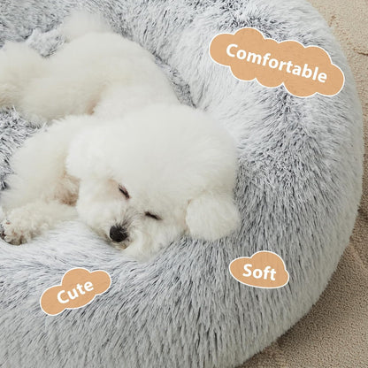 round Calming Small Dog Bed Cat Bed for Comfy Sleeping, Cute Washable Puppy Bed with Fluffy Plush, Faux Fur anti Anxiety Pet Bed Donut Cuddler (24 X 24 X 8 Inch, Light Grey)