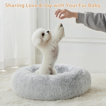 round Calming Small Dog Bed Cat Bed for Comfy Sleeping, Cute Washable Puppy Bed with Fluffy Plush, Faux Fur anti Anxiety Pet Bed Donut Cuddler (24 X 24 X 8 Inch, Light Grey)