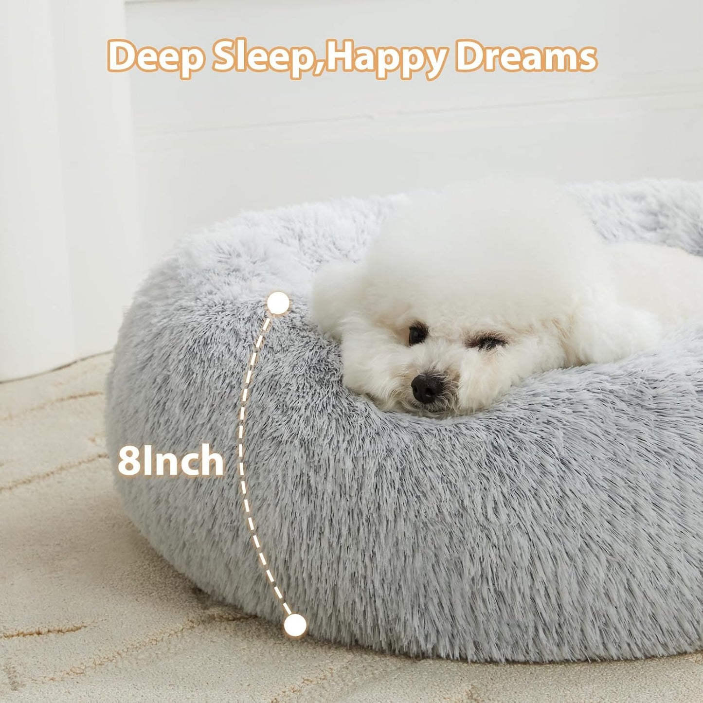 round Calming Small Dog Bed Cat Bed for Comfy Sleeping, Cute Washable Puppy Bed with Fluffy Plush, Faux Fur anti Anxiety Pet Bed Donut Cuddler (24 X 24 X 8 Inch, Light Grey)