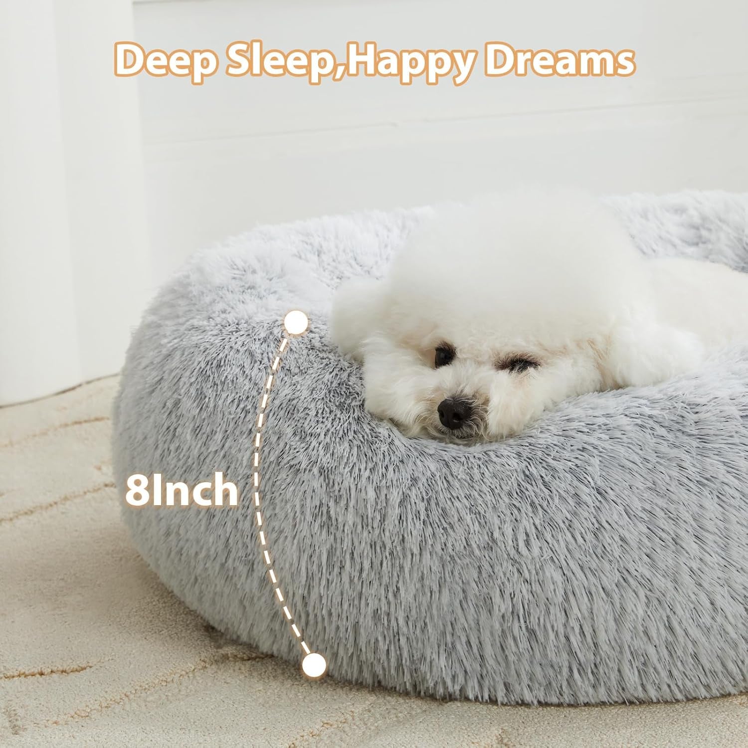 round Calming Small Dog Bed Cat Bed for Comfy Sleeping, Cute Washable Puppy Bed with Fluffy Plush, Faux Fur anti Anxiety Pet Bed Donut Cuddler (24 X 24 X 8 Inch, Light Grey)